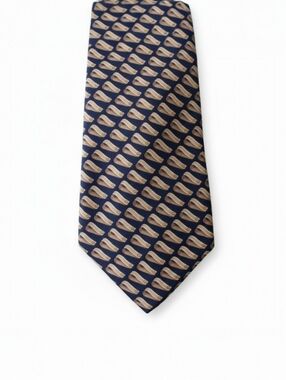 Gucci Silk Tie Navy Blue Beige Gold Geometric Abstract Made in Italy Vintage